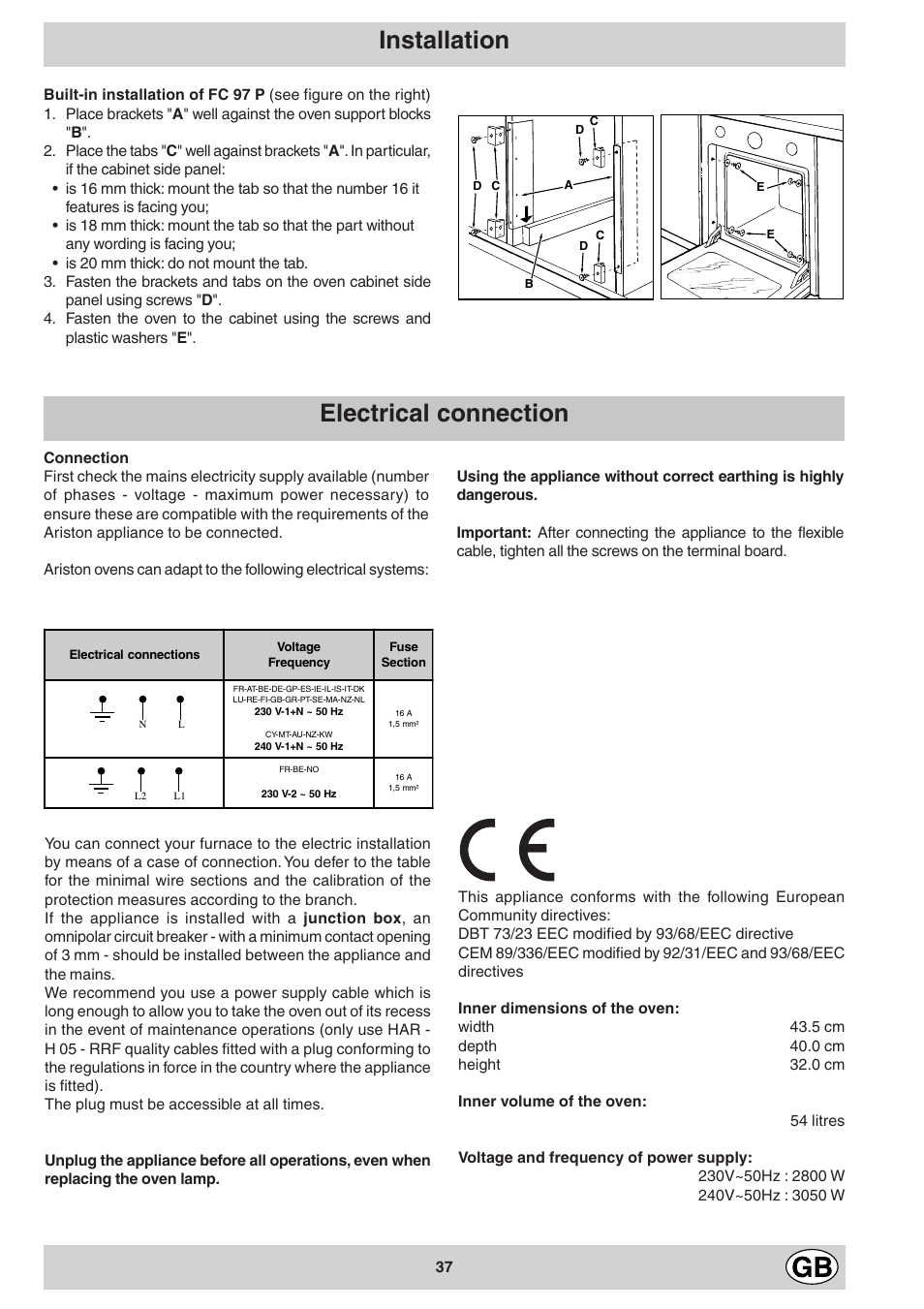 Installation, Electrical connection | Ariston FB 86 P User Manual | Page 13 / 14