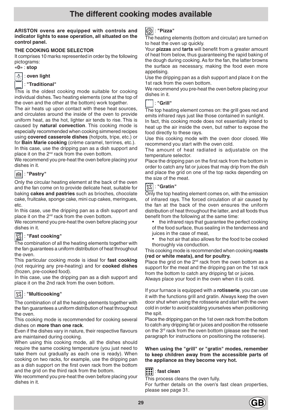 The different cooking modes available | Ariston FB 86 P User Manual | Page 5 / 14