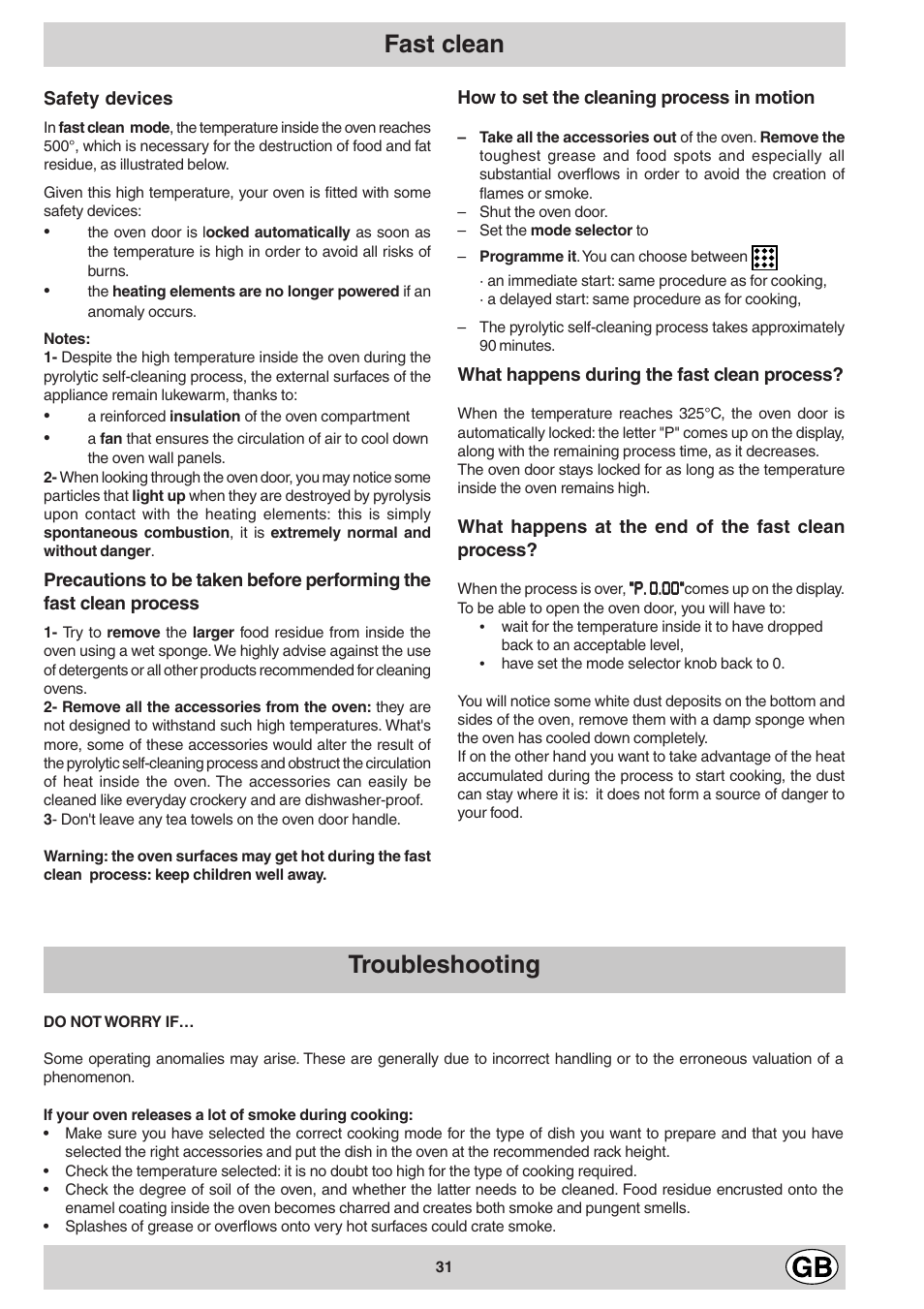 Fast clean, Troubleshooting | Ariston FB 86 P User Manual | Page 7 / 14