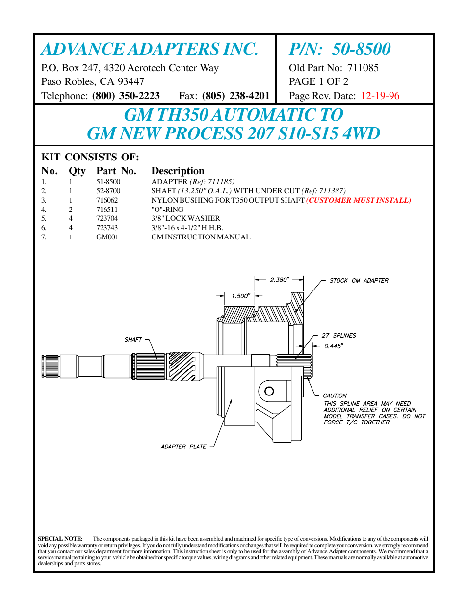 Advance Adapters 50-8500 User Manual | 2 pages