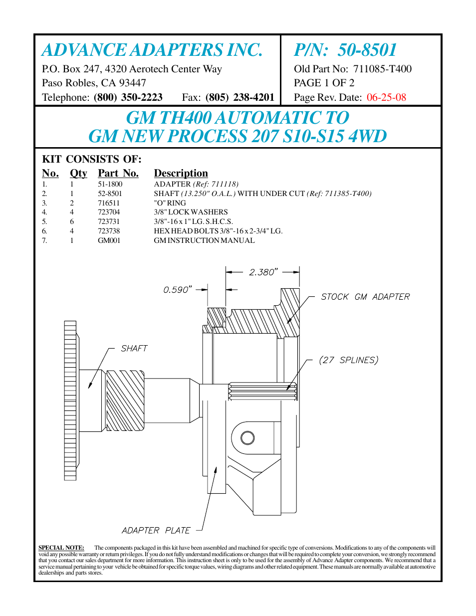 Advance Adapters 50-8501 User Manual | 2 pages