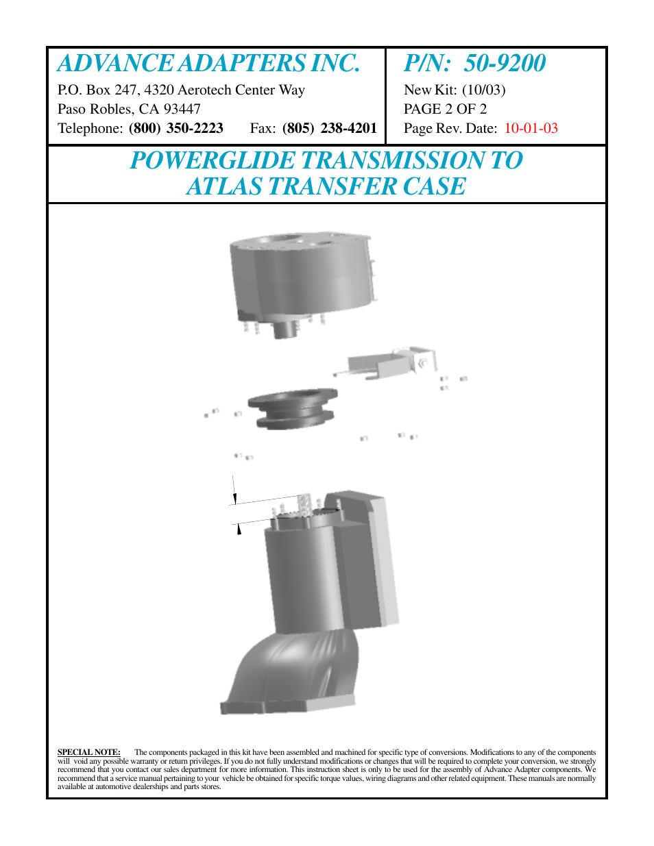 Powerglide transmission to atlas transfer case | Advance Adapters 50-9200 User Manual | Page 2 / 2