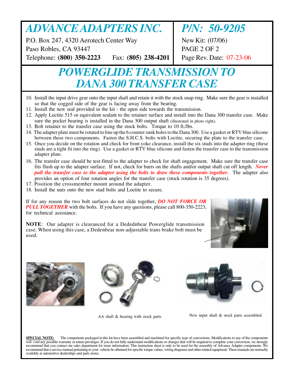 Powerglide transmission to dana 300 transfer case | Advance Adapters 50-9205 User Manual | Page 2 / 2