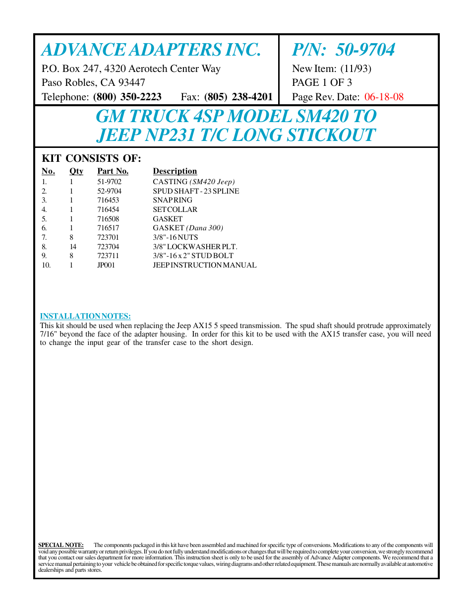 Advance Adapters 50-9704 User Manual | 3 pages