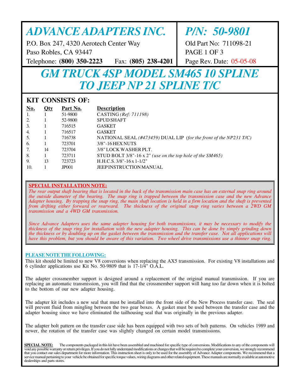 Advance Adapters 50-9801 User Manual | 3 pages
