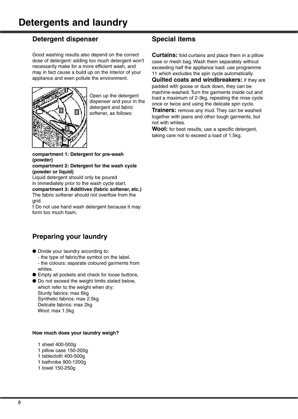 Detergents and laundry, Detergent dispenser, Preparing your laundry | Special items | Ariston A1636S User Manual | Page 10 / 16