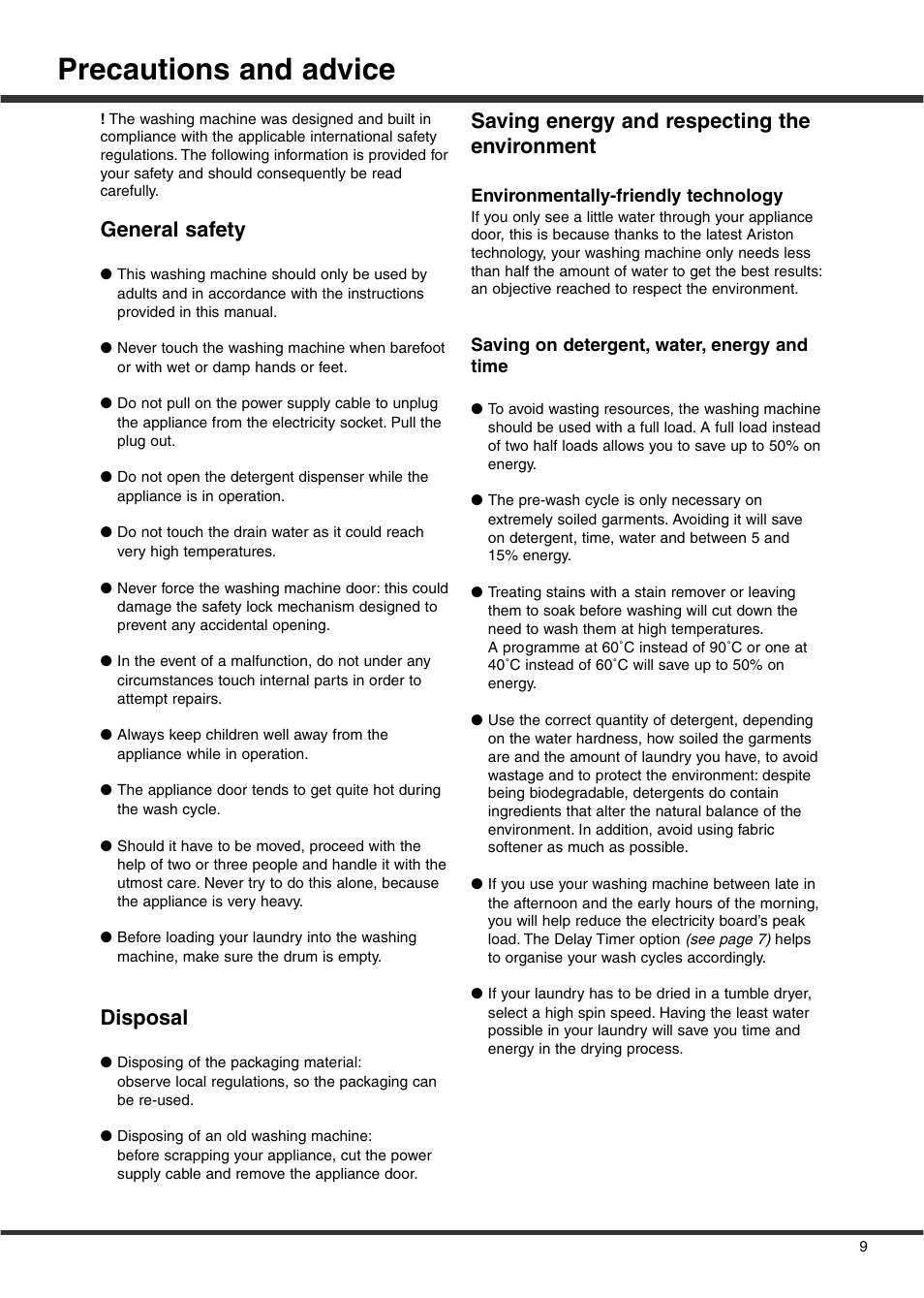 Precautions and advice, General safety, Disposal | Saving energy and respecting the environment | Ariston A1636S User Manual | Page 11 / 16