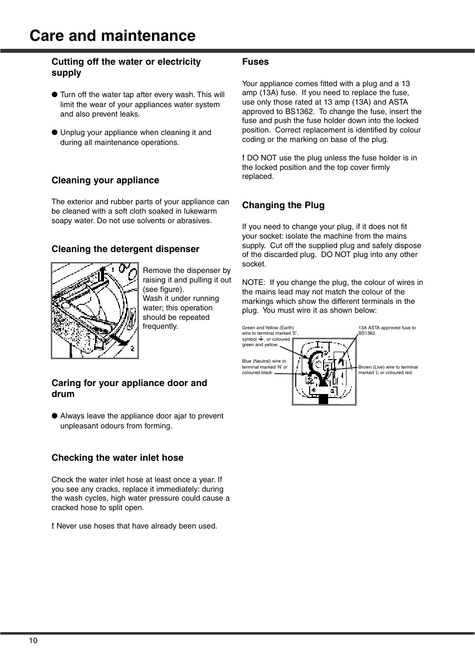 Care and maintenance, Cutting off the water or electricity supply, Cleaning your appliance | Cleaning the detergent dispenser, Caring for your appliance door and drum, Checking the water inlet hose, Fuses, Changing the plug | Ariston A1636S User Manual | Page 12 / 16