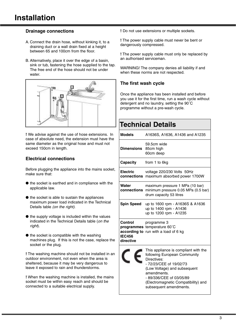 Installation, Technical details | Ariston A1636S User Manual | Page 5 / 16