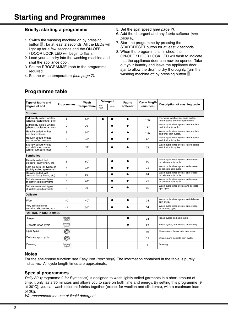 Starting and programmes, Programme table, Briefly: starting a programme | Special programmes | Ariston A1636S User Manual | Page 8 / 16