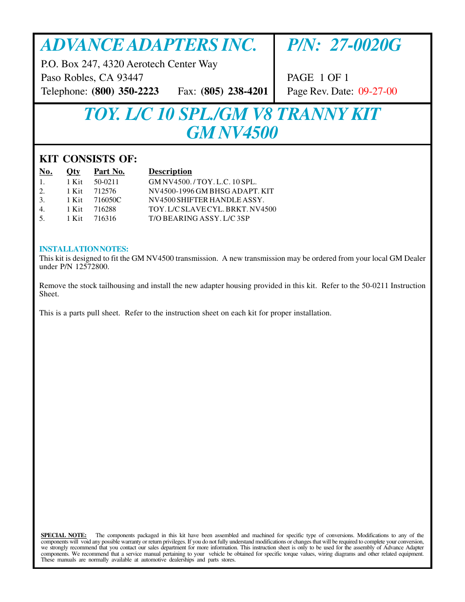Advance Adapters 27-0020G User Manual | 1 page