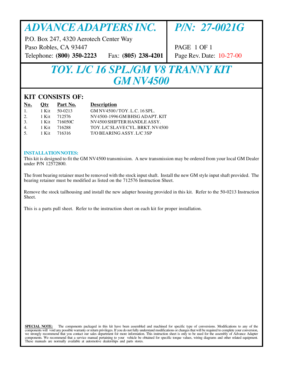 Advance Adapters 27-0021G User Manual | 1 page