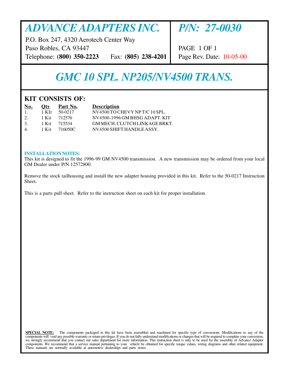 Advance Adapters 27-0030 User Manual | 1 page