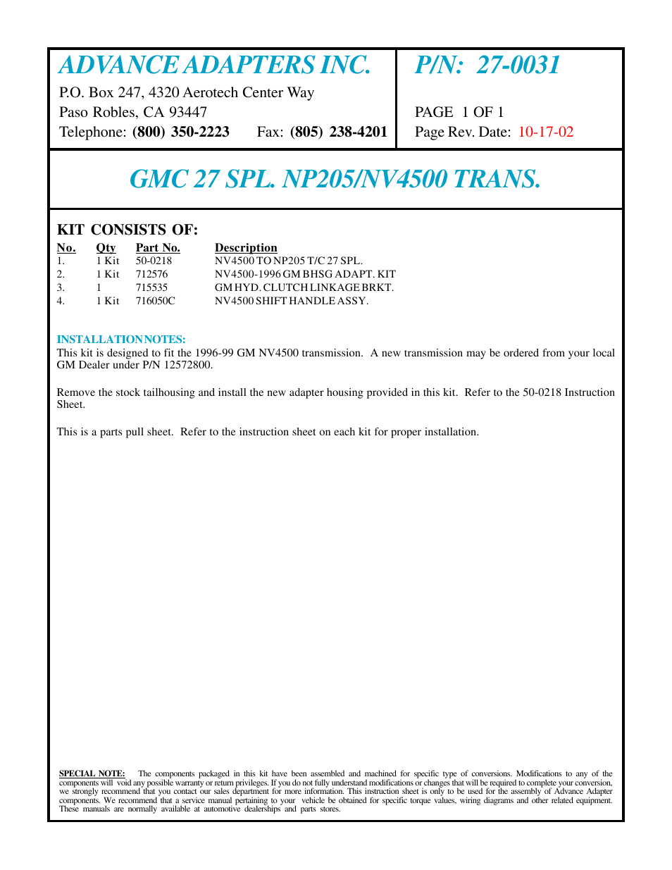 Advance Adapters 27-0031 User Manual | 1 page