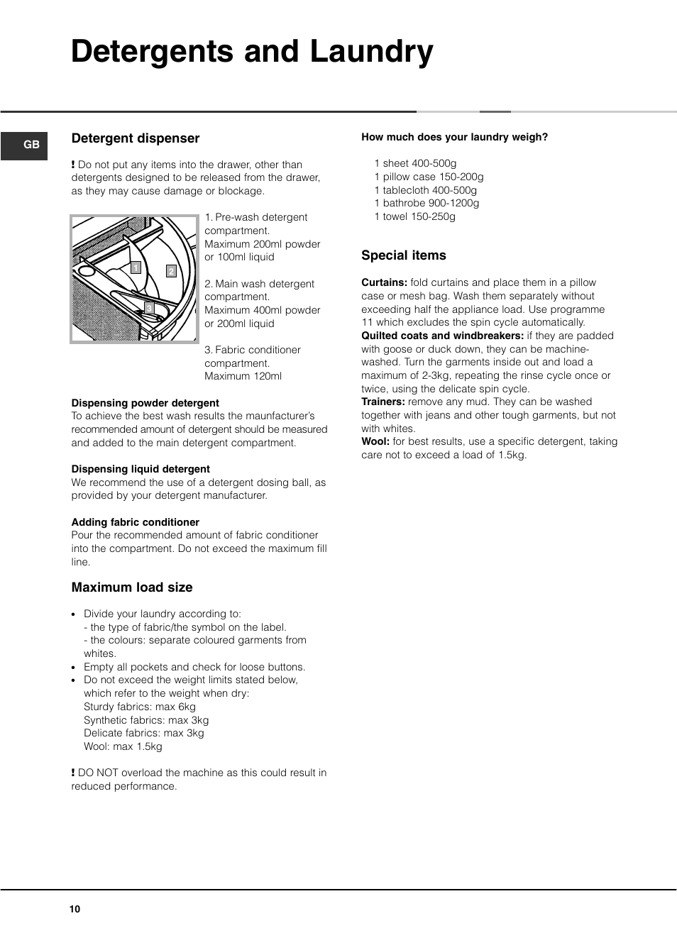 Detergents and laundry, Detergent dispenser, Maximum load size | Special items | Ariston A1200WD User Manual | Page 10 / 16