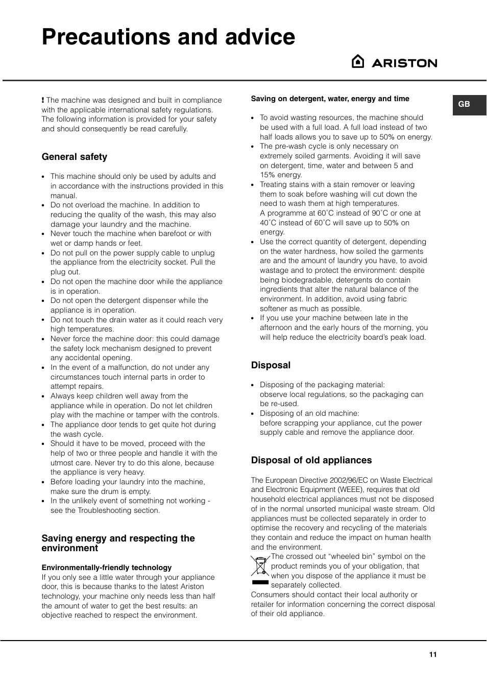 Precautions and advice, General safety, Saving energy and respecting the environment | Disposal, Disposal of old appliances | Ariston A1200WD User Manual | Page 11 / 16