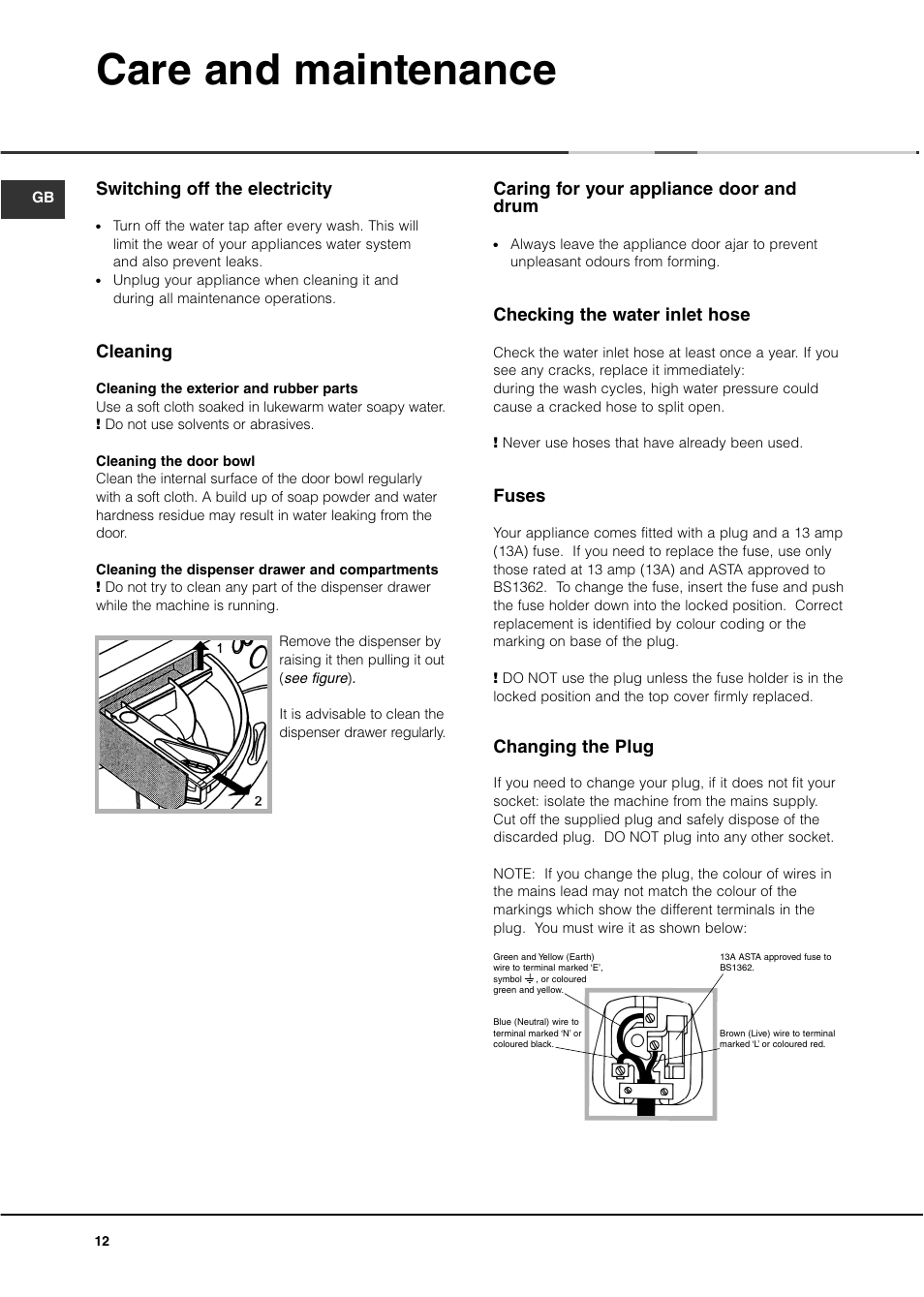 Care and maintenance, Caring for your appliance door and drum, Checking the water inlet hose | Fuses, Changing the plug, Switching off the electricity, Cleaning | Ariston A1200WD User Manual | Page 12 / 16