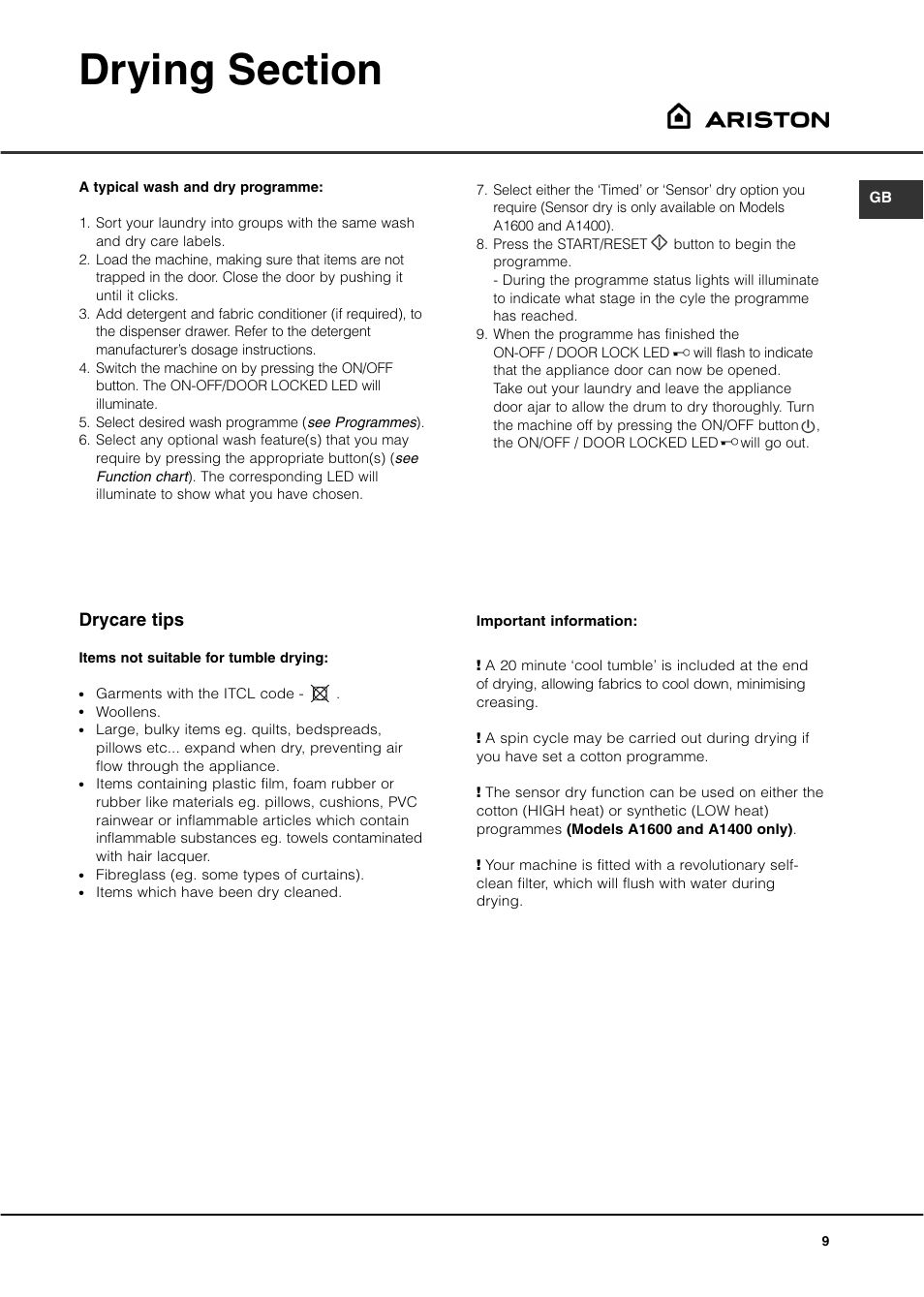 Drycare tips | Ariston A1200WD User Manual | Page 9 / 16