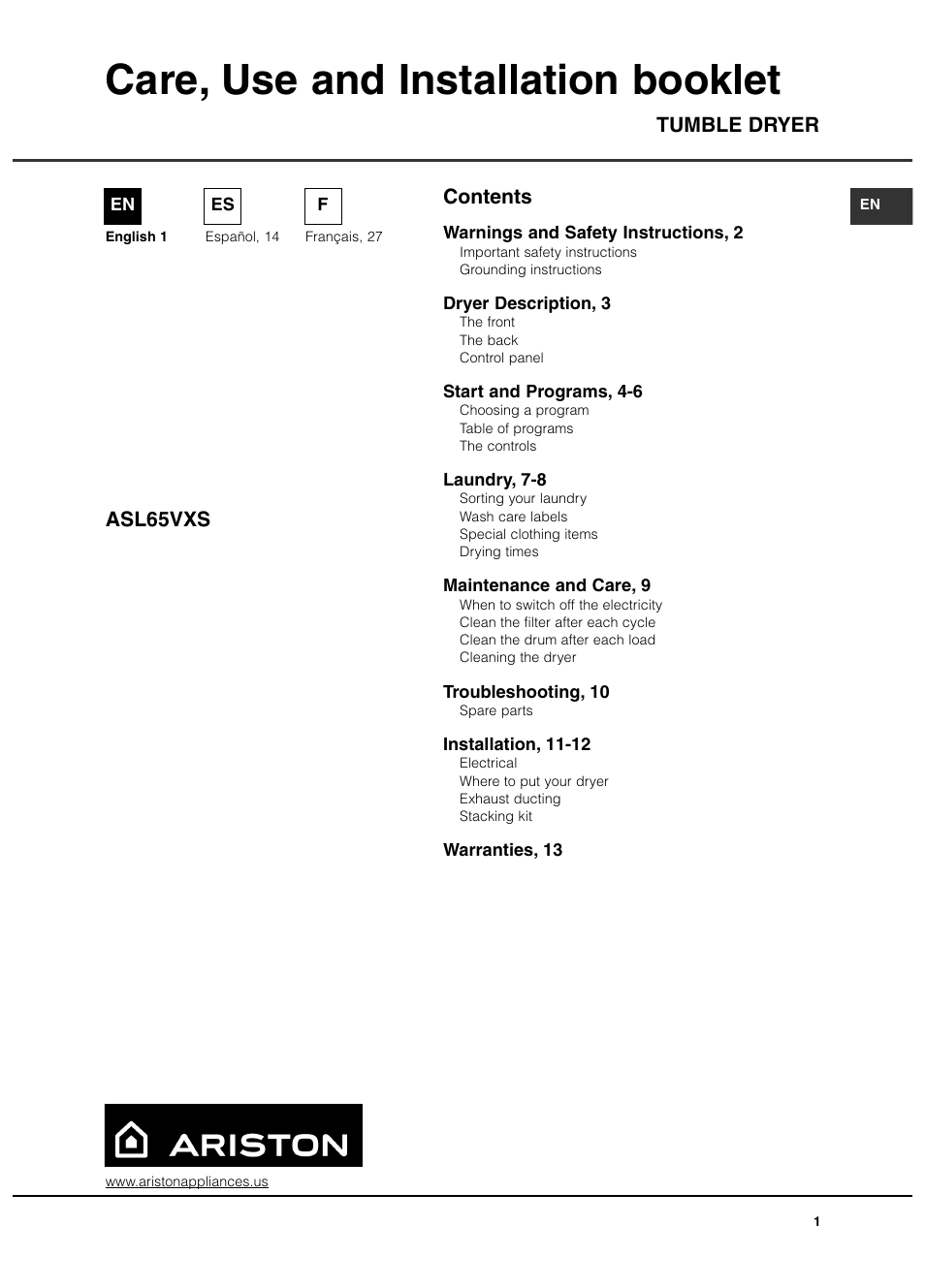 Ariston ASL65VXS User Manual | 40 pages