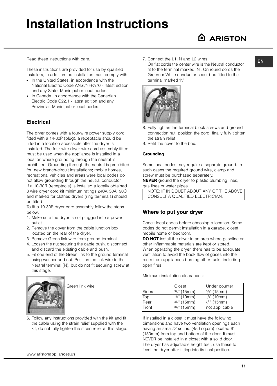 Installation instructions, Where to put your dryer, Electrical | Ariston ASL65VXS User Manual | Page 11 / 40