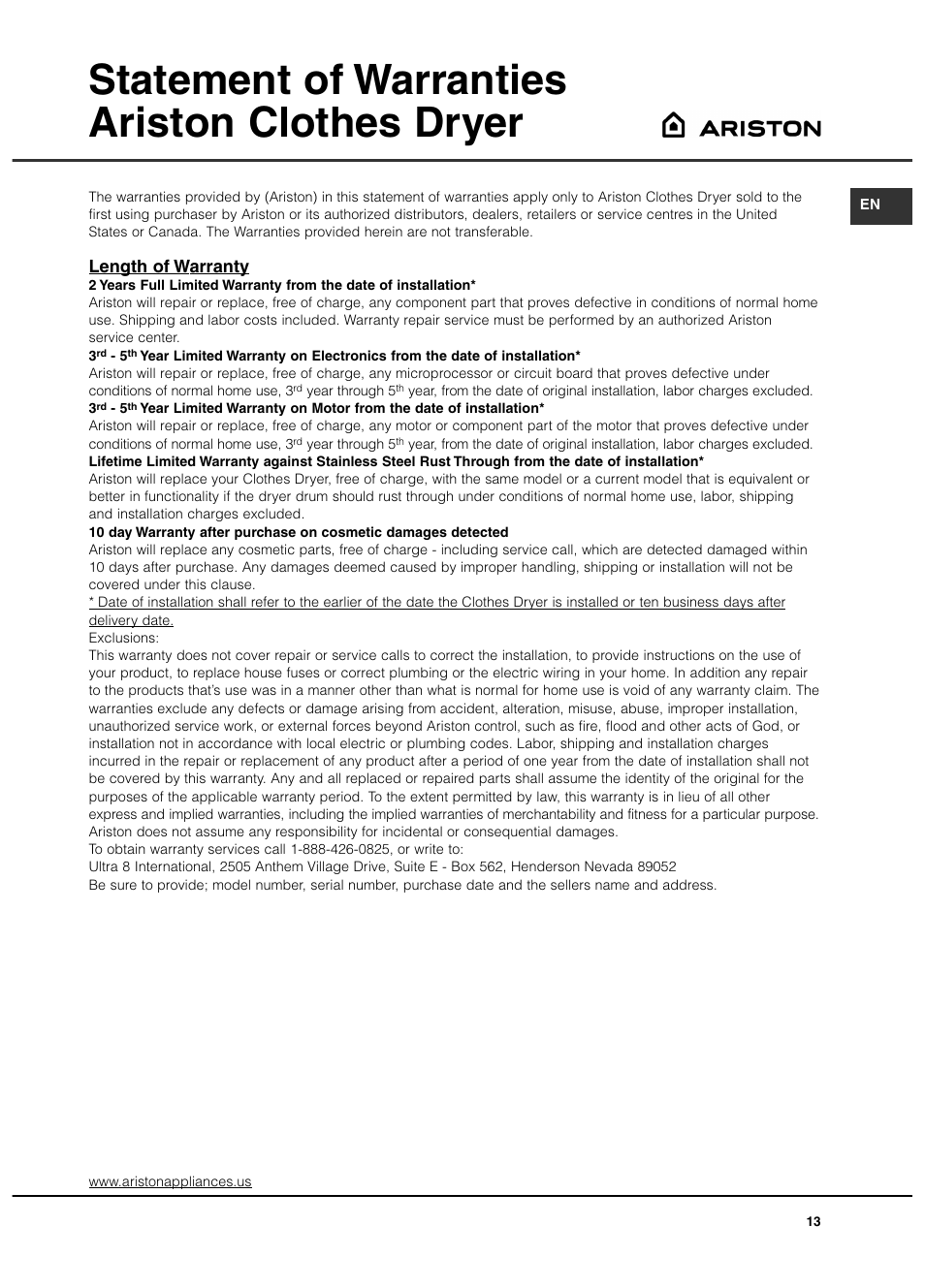 Statement of warranties ariston clothes dryer, Length of warranty | Ariston ASL65VXS User Manual | Page 13 / 40