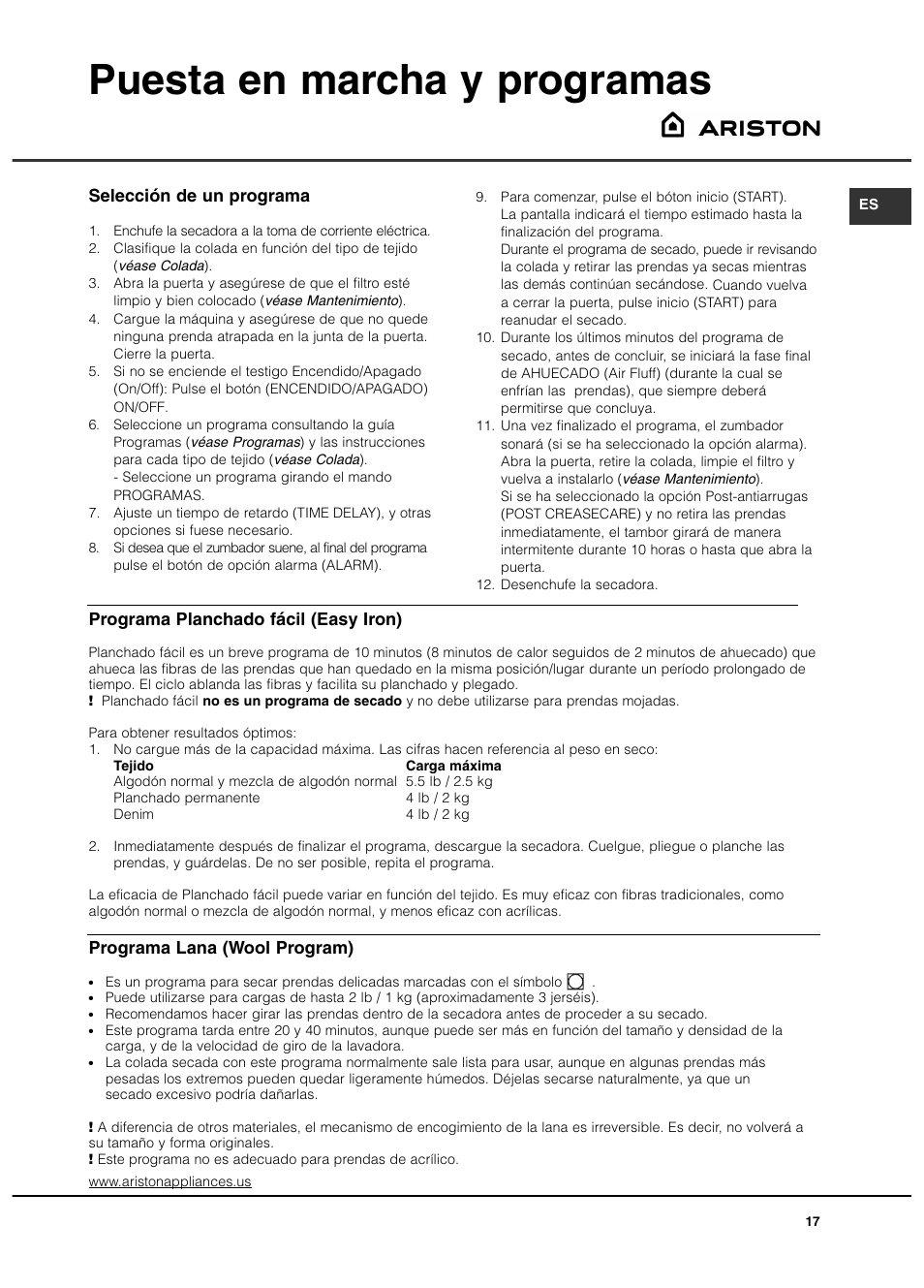 Puesta en marcha y programas, Selección de un programa, Programa planchado fácil (easy iron) | Programa lana (wool program) | Ariston ASL65VXS User Manual | Page 17 / 40