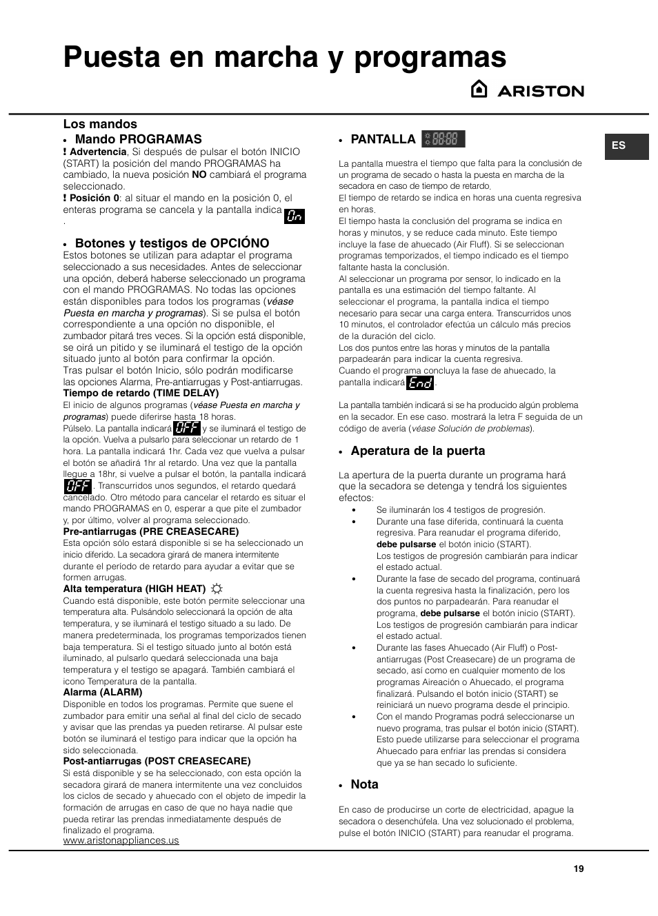 Puesta en marcha y programas, Pantalla, Aperatura de la puerta | Nota, Mando programas, Botones y testigos de opcióno, O8 off off e88 los mandos | Ariston ASL65VXS User Manual | Page 19 / 40