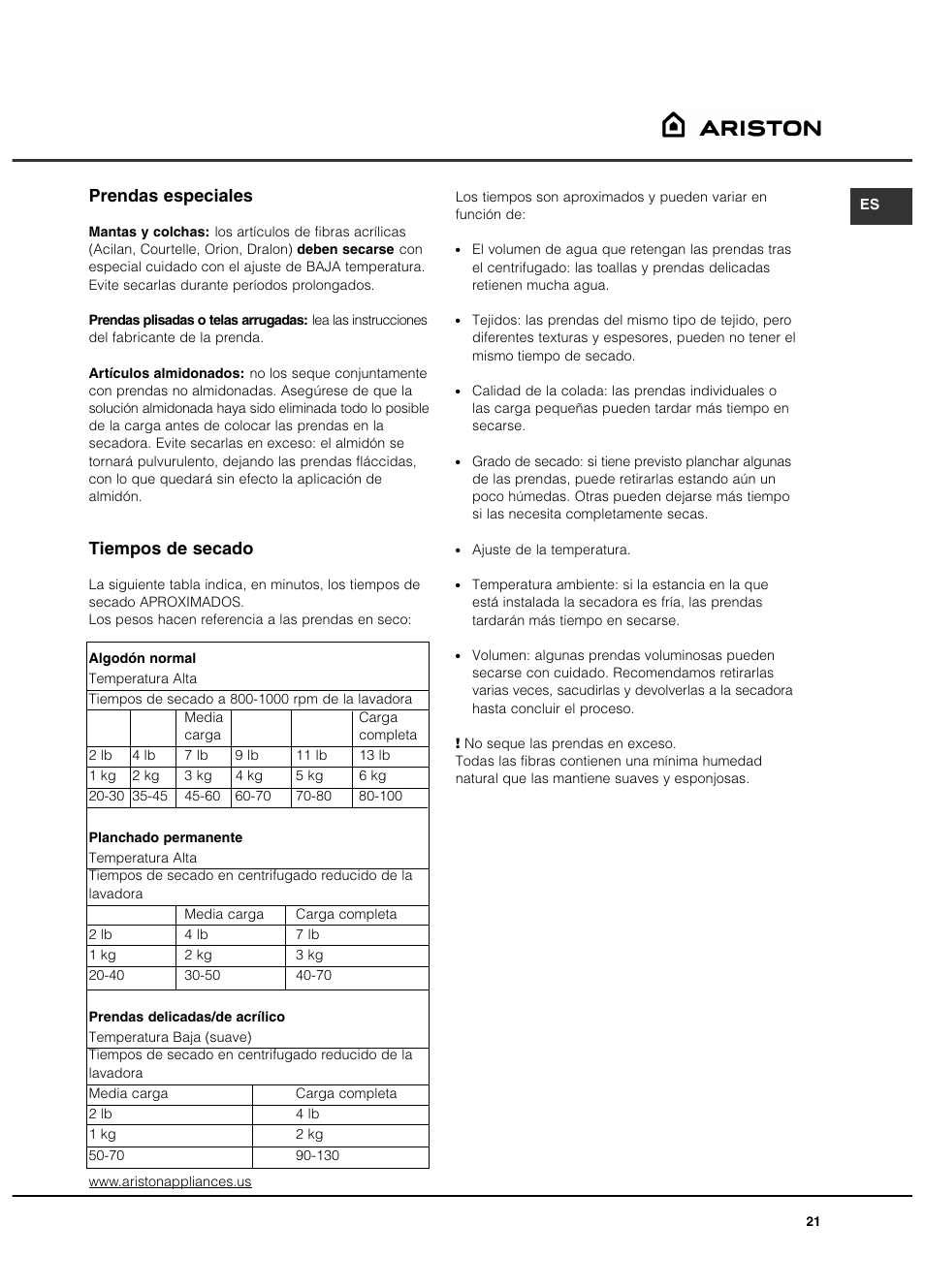 Prendas especiales, Tiempos de secado | Ariston ASL65VXS User Manual | Page 21 / 40