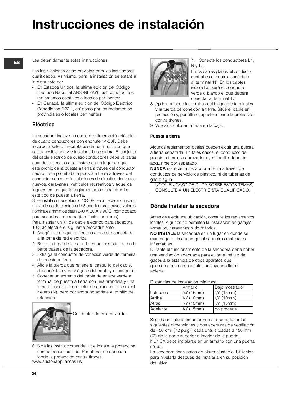 Instrucciones de instalación, Dónde instalar la secadora, Eléctrica | Ariston ASL65VXS User Manual | Page 24 / 40