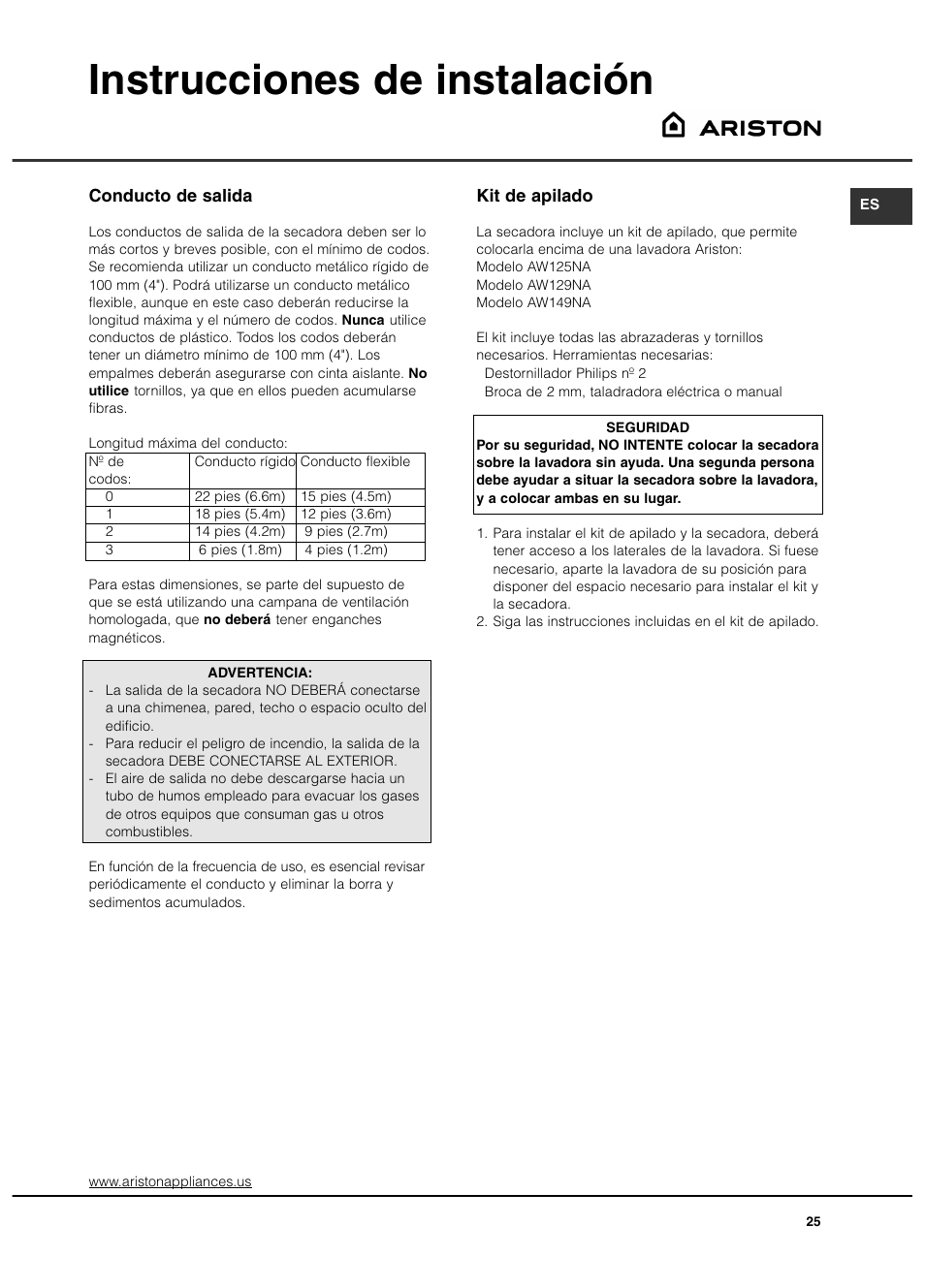 Instrucciones de instalación | Ariston ASL65VXS User Manual | Page 25 / 40