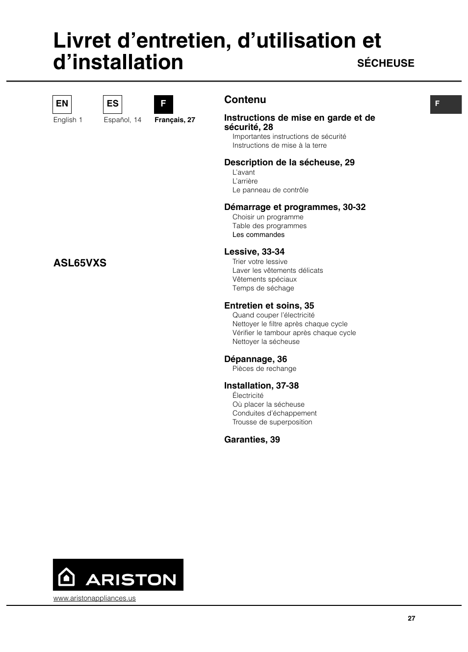 Contenu sécheuse asl65vxs | Ariston ASL65VXS User Manual | Page 27 / 40