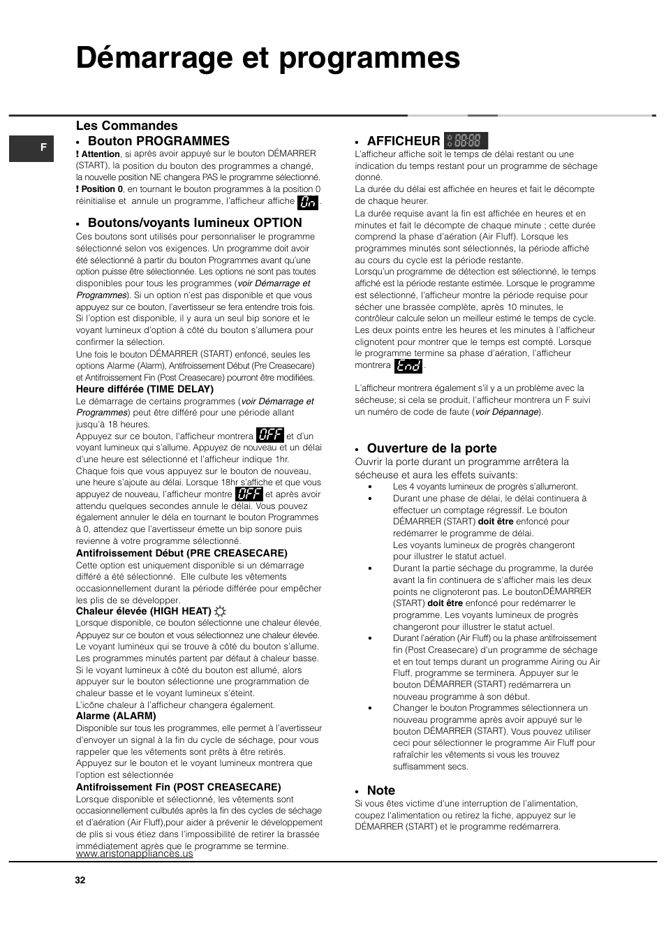 Démarrage et programmes, Afficheur, Ouverture de la porte | Bouton programmes, Boutons/voyants lumineux option, O8 off off e88 les commandes | Ariston ASL65VXS User Manual | Page 32 / 40