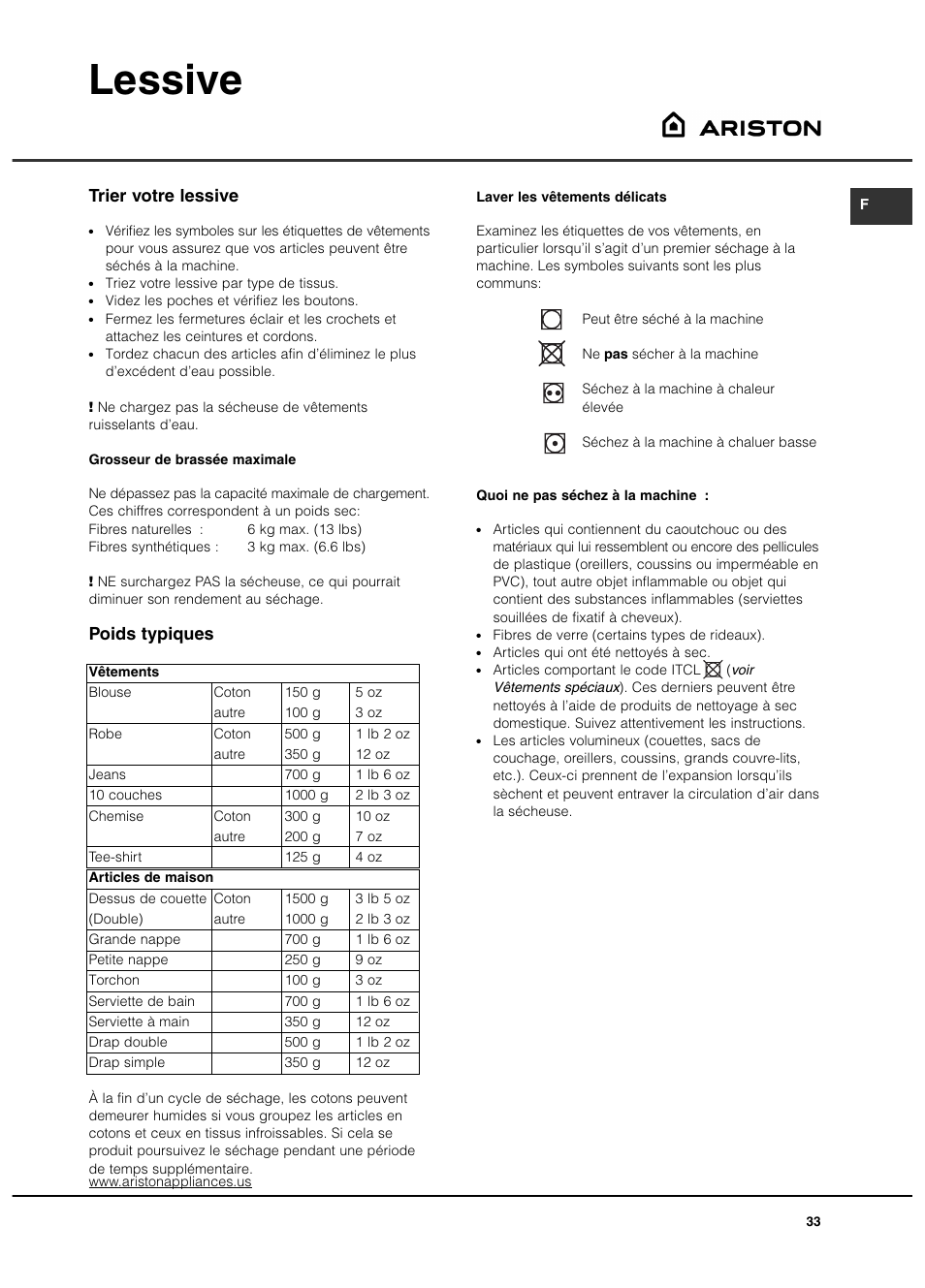 Lessive, Trier votre lessive, Poids typiques | Ariston ASL65VXS User Manual | Page 33 / 40