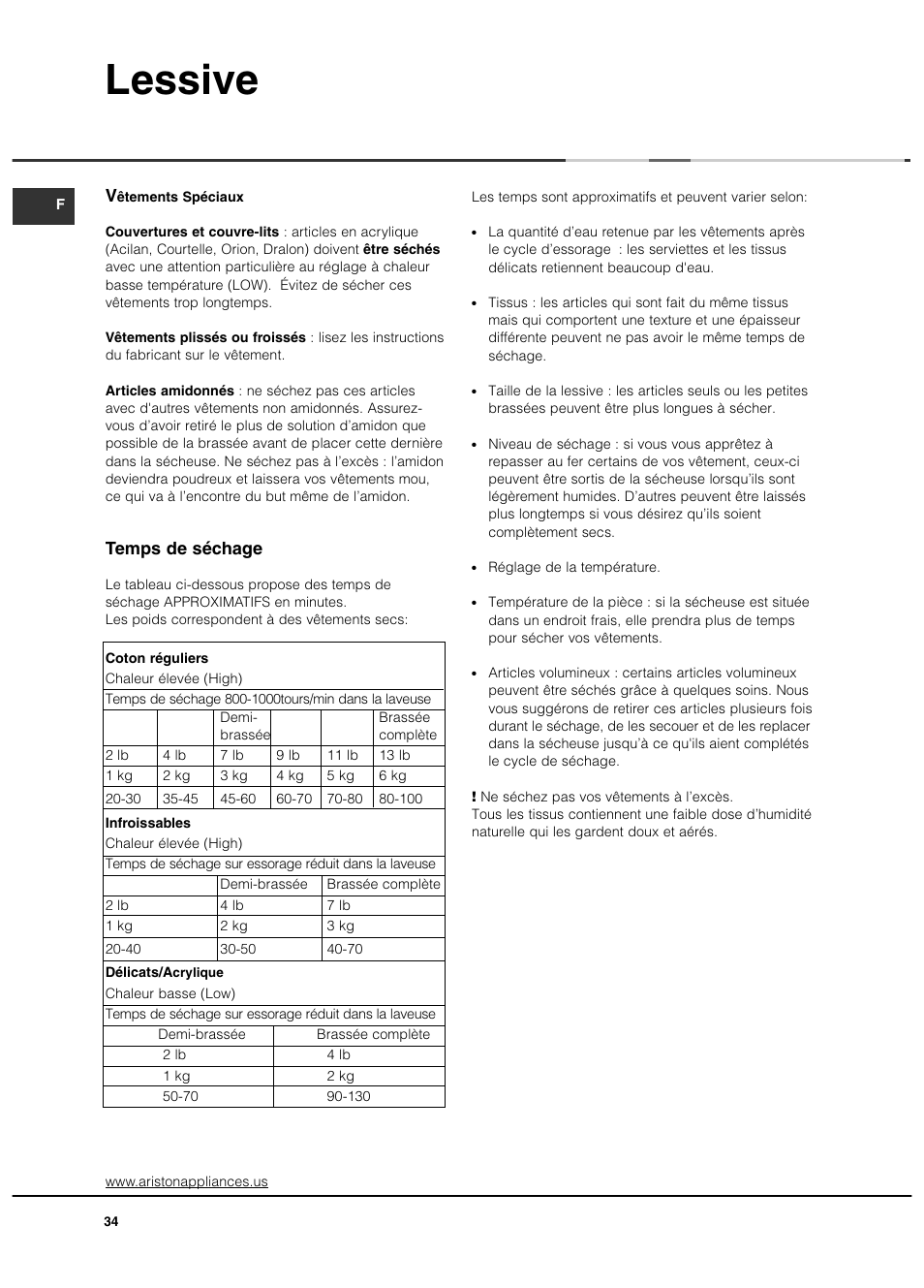 Lessive, Temps de séchage | Ariston ASL65VXS User Manual | Page 34 / 40