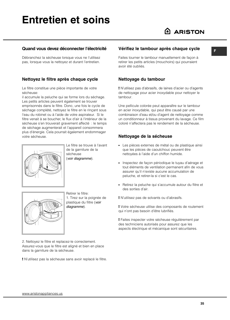 Entretien et soins | Ariston ASL65VXS User Manual | Page 35 / 40