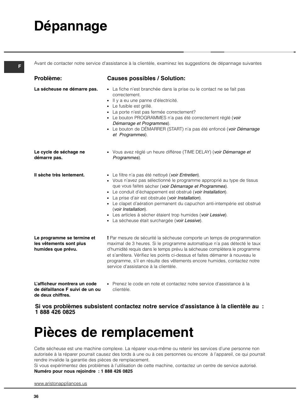 Dépannage pièces de remplacement, Problème, Causes possibles / solution | Ariston ASL65VXS User Manual | Page 36 / 40