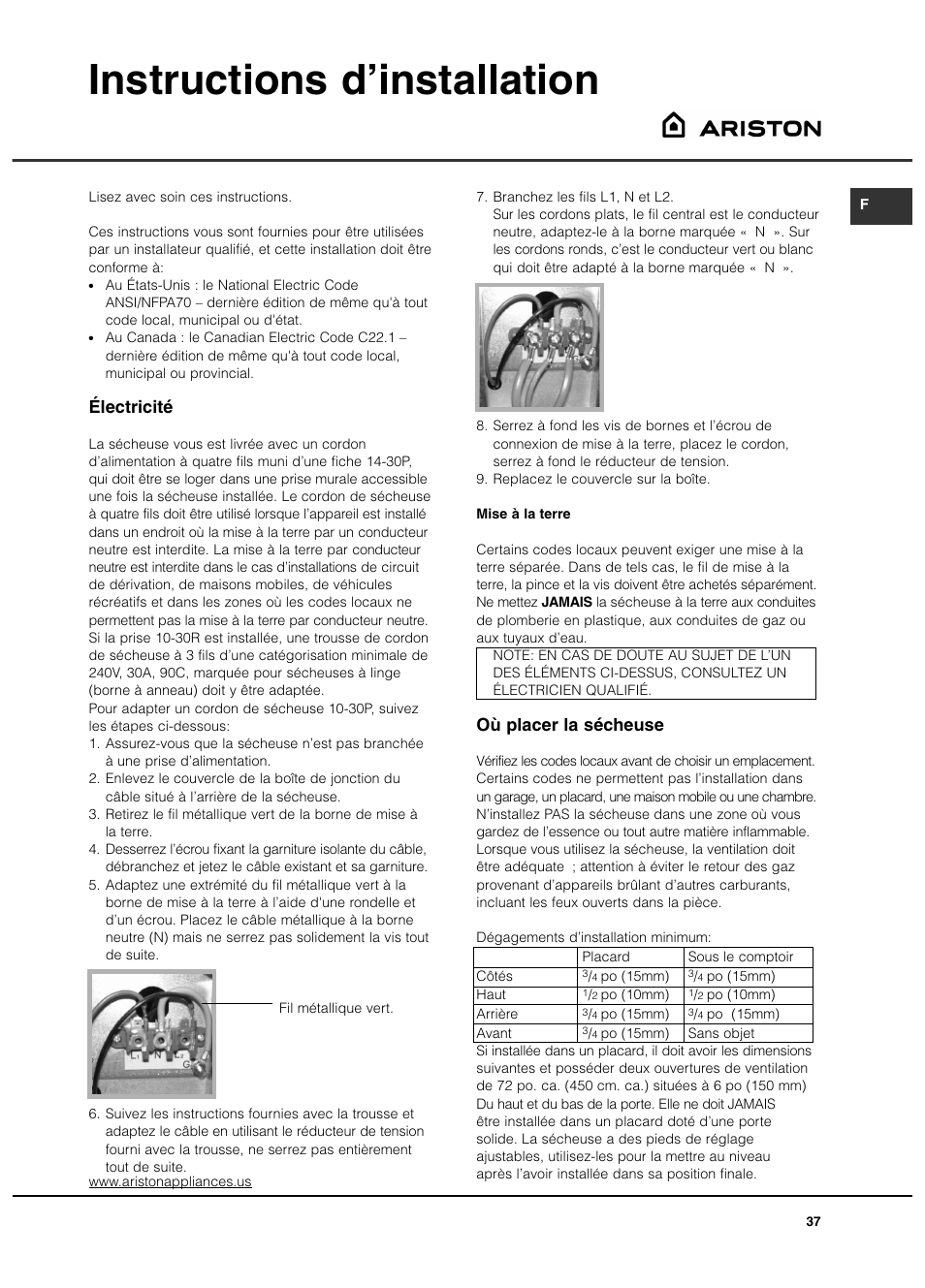 Instructions d’installation, Où placer la sécheuse, Électricité | Ariston ASL65VXS User Manual | Page 37 / 40