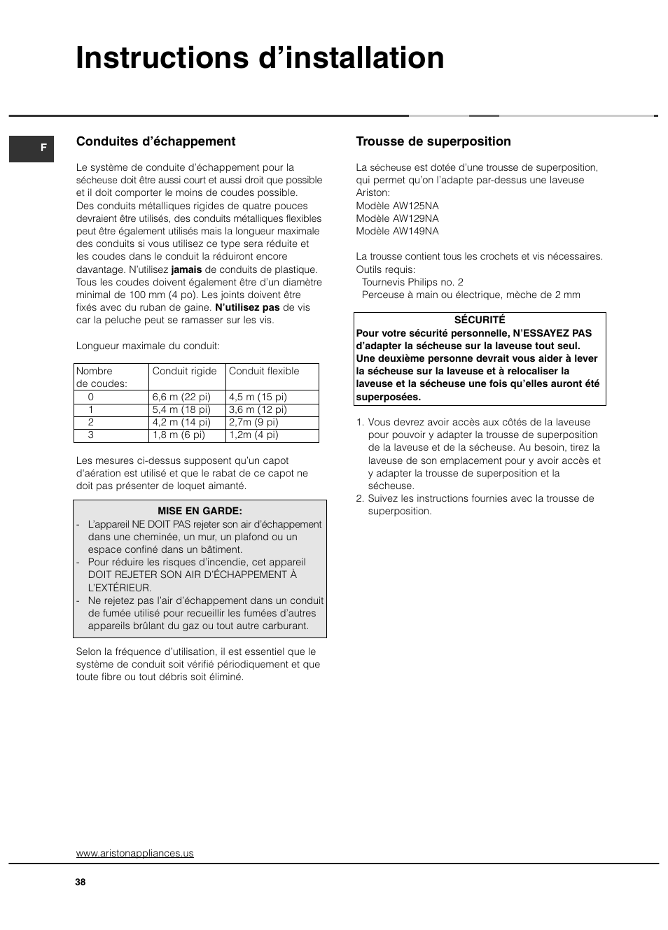 Instructions d’installation | Ariston ASL65VXS User Manual | Page 38 / 40