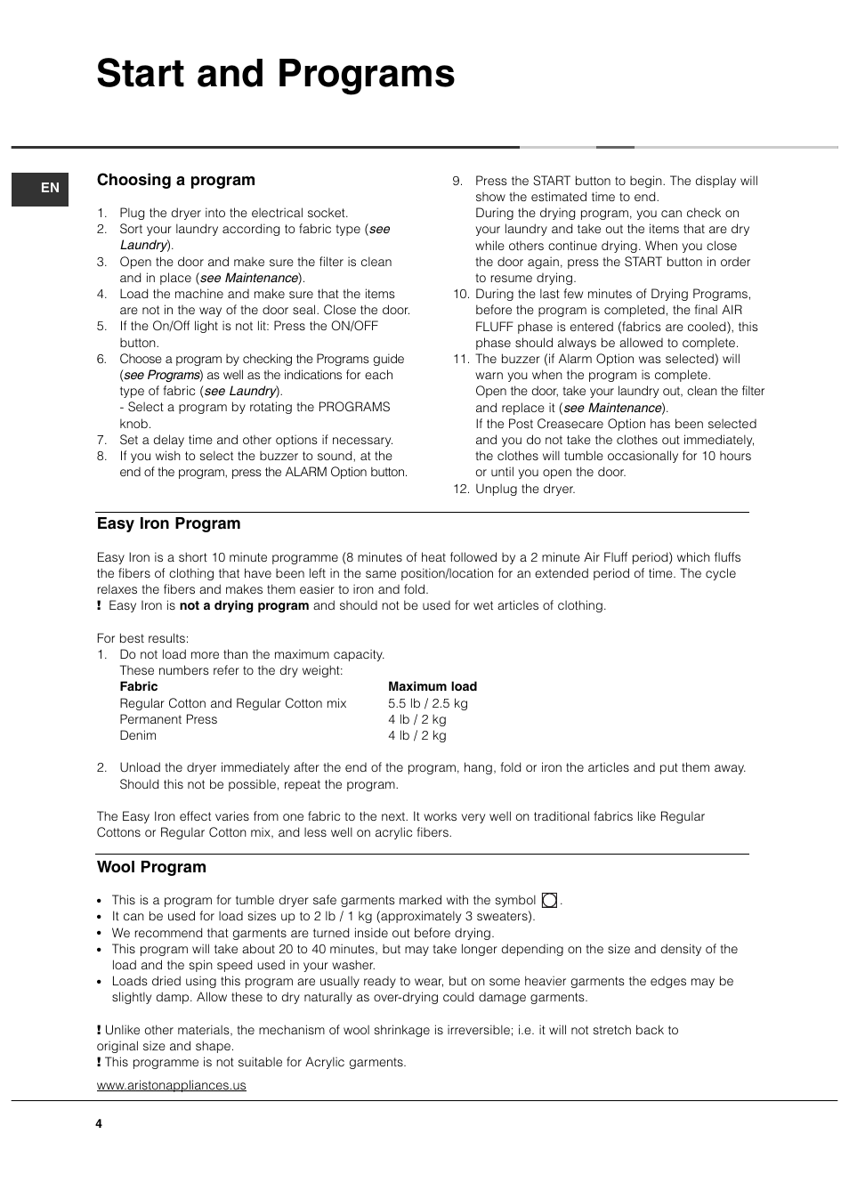 Start and programs, Choosing a program, Easy iron program | Wool program | Ariston ASL65VXS User Manual | Page 4 / 40