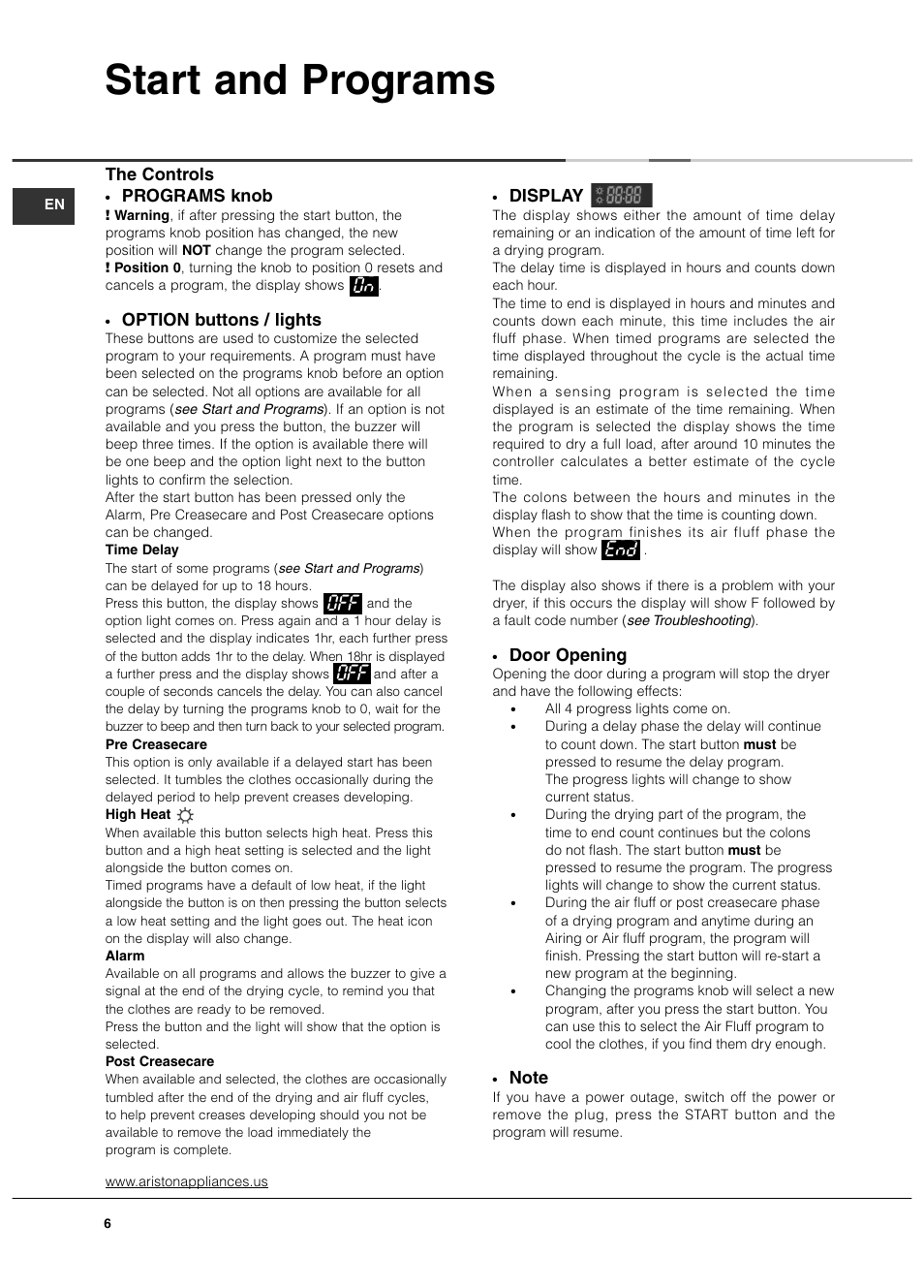 Start and programs, Display, Door opening | Programs knob, Option buttons / lights, O8 off off e88 the controls | Ariston ASL65VXS User Manual | Page 6 / 40