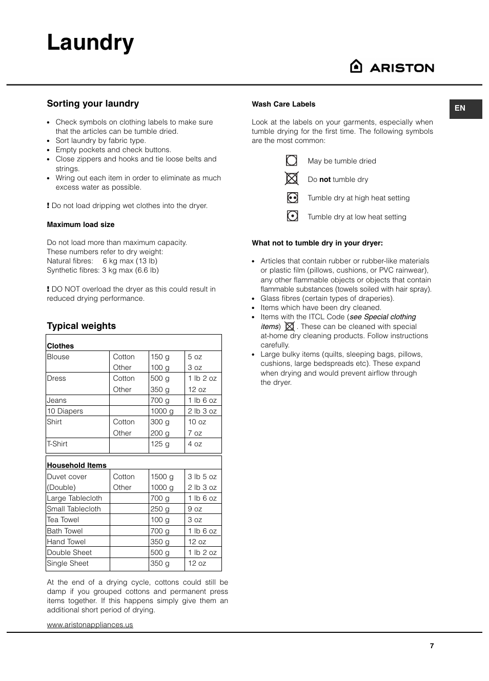 Laundry, Sorting your laundry, Typical weights | Ariston ASL65VXS User Manual | Page 7 / 40