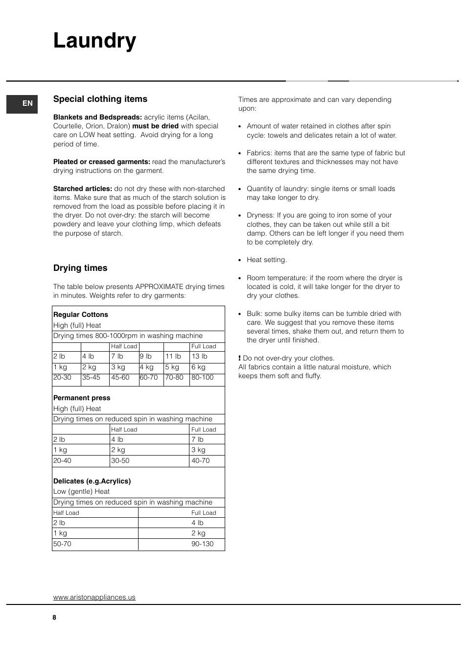 Laundry, Special clothing items, Drying times | Ariston ASL65VXS User Manual | Page 8 / 40