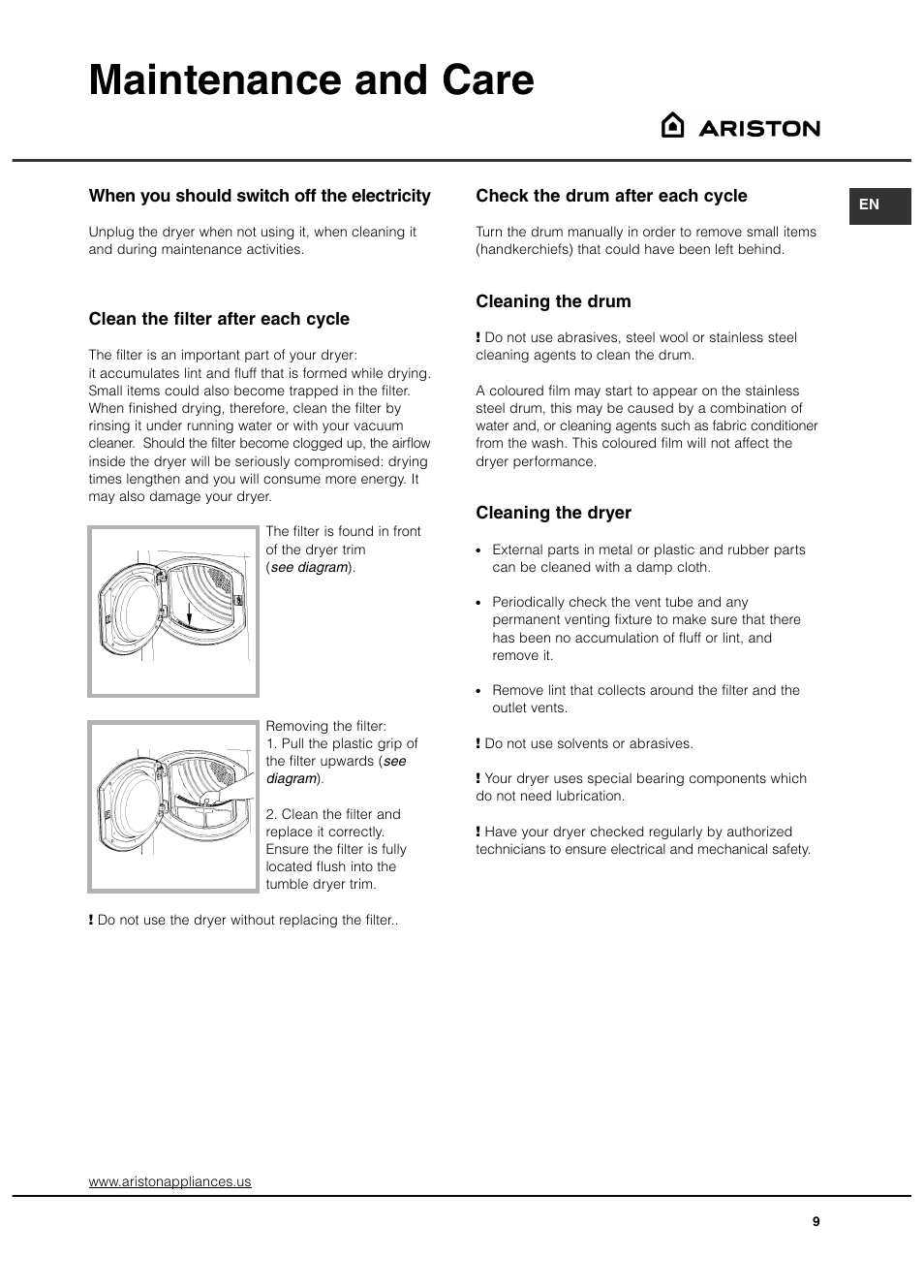 Maintenance and care | Ariston ASL65VXS User Manual | Page 9 / 40