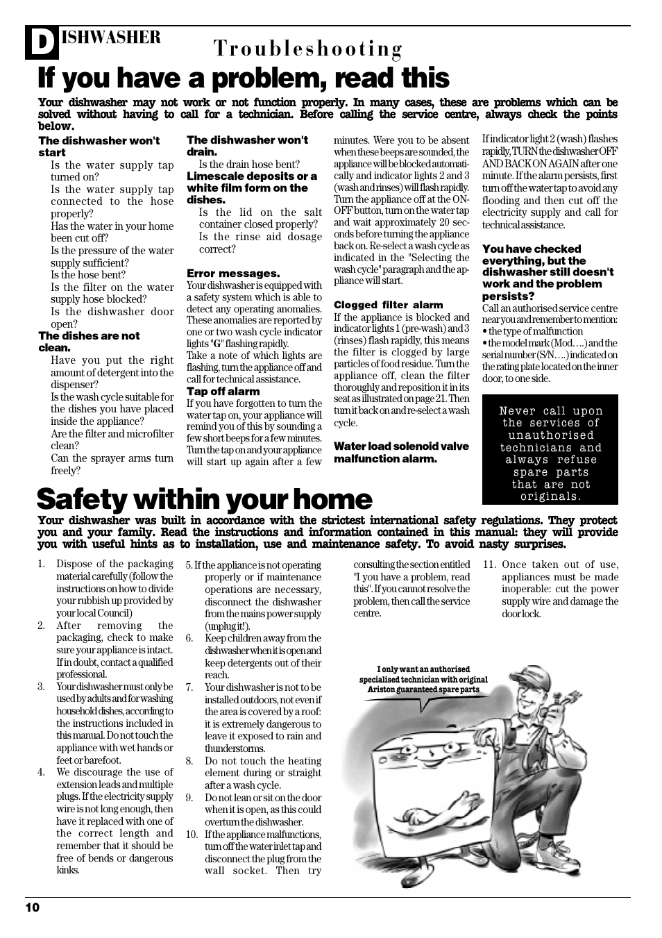 Safety within your home, If you have a problem, read this, Troubleshooting | Ishwasher | Ariston AFA 370 User Manual | Page 12 / 16