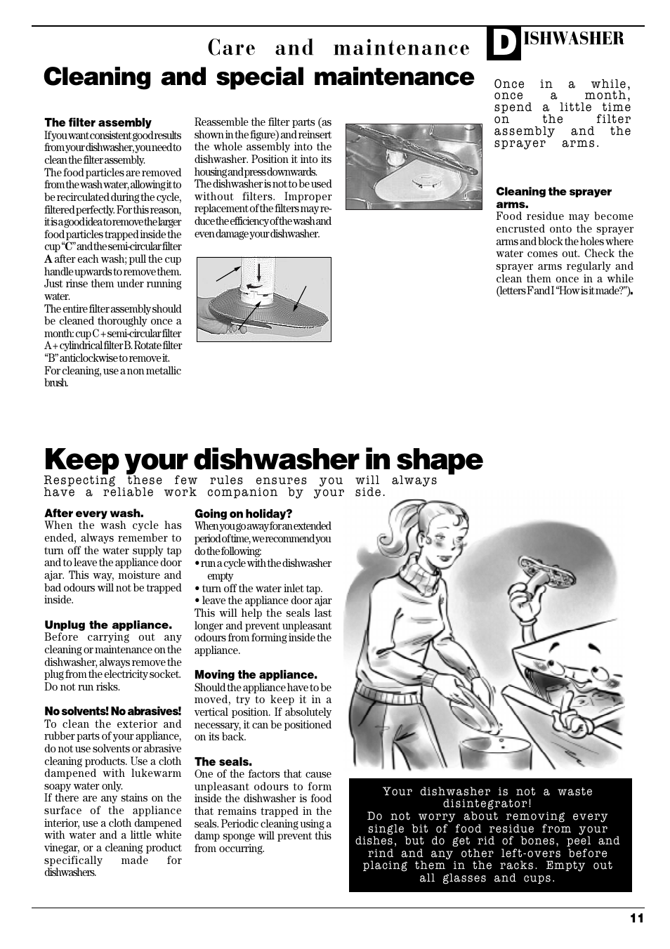 Keep your dishwasher in shape, Cleaning and special maintenance, Care and maintenance | Ishwasher | Ariston AFA 370 User Manual | Page 13 / 16