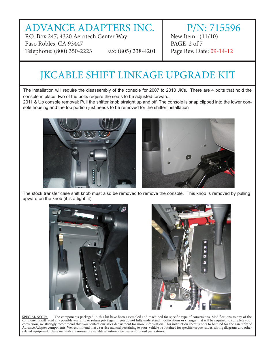 Jkcable shift linkage upgrade kit | Advance Adapters 715596 User Manual | Page 2 / 7