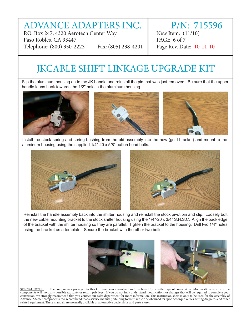 Jkcable shift linkage upgrade kit | Advance Adapters 715596 User Manual | Page 6 / 7