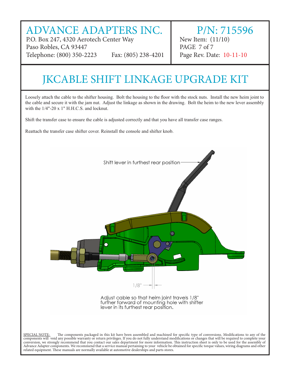 Jkcable shift linkage upgrade kit | Advance Adapters 715596 User Manual | Page 7 / 7