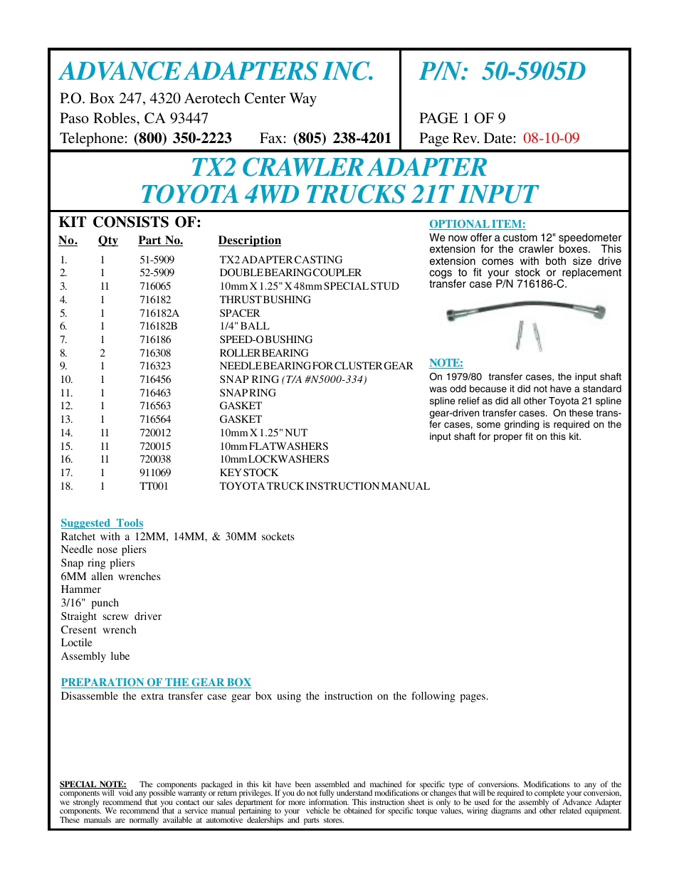 Advance Adapters 50-5905D User Manual | 9 pages