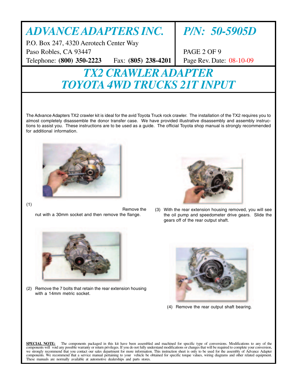 Tx2 crawler adapter toyota 4wd trucks 21t input, Disassembly procedures | Advance Adapters 50-5905D User Manual | Page 2 / 9